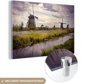 MuchoWow® Glasschilderij 30x20 cm - Schilderij acrylglas - Molen - Nederland - Water - Foto op glas - Schilderijen