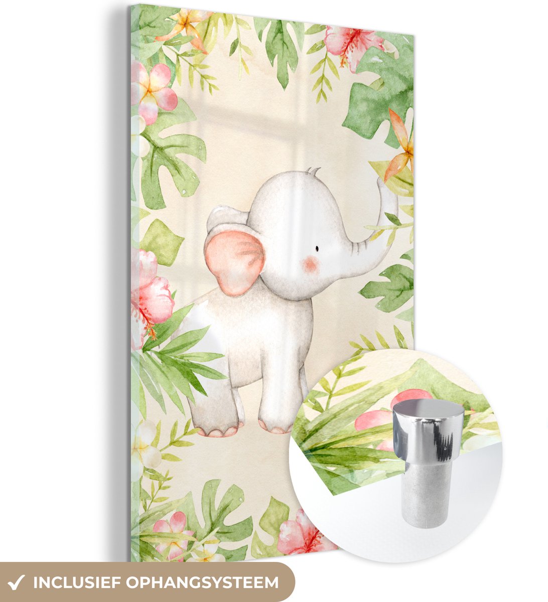 ® Glasschilderij 20x30 cm - Schilderij acrylglas - Olifant - Jungle - Waterverf - Foto op glas - Muurdecoratie woonkamer - Wanddecoratie slaapkamer - Schilderijen