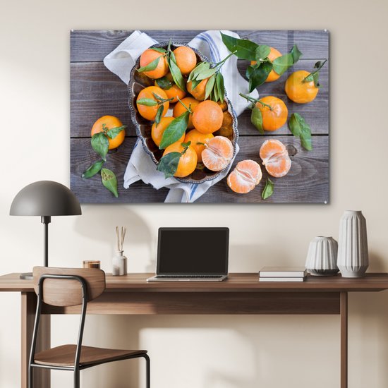 ® Glasschilderij 120x80 cm - Schilderij acrylglas - Mandarijnen op een houten tafel - Foto op glas - Muurdecoratie woonkamer - Wanddecoratie slaapkamer - Schilderijen