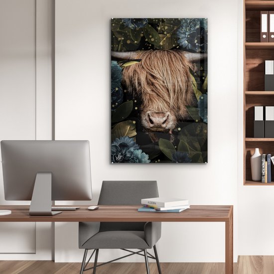 MuchoWow® Peinture sur Verre - Highlander écossais - Fleurs - Or - 80x120 cm - Peintures sur Verre Acrylique - Photo sur Glas