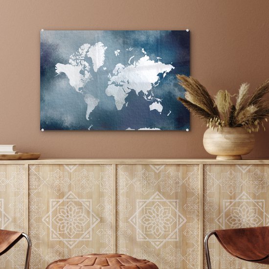 Peinture sur Verre - Carte du Wereldkaart - Aquarelle - Blauw - 60x40 cm - Peintures sur Verre Peintures - Photo sur Glas