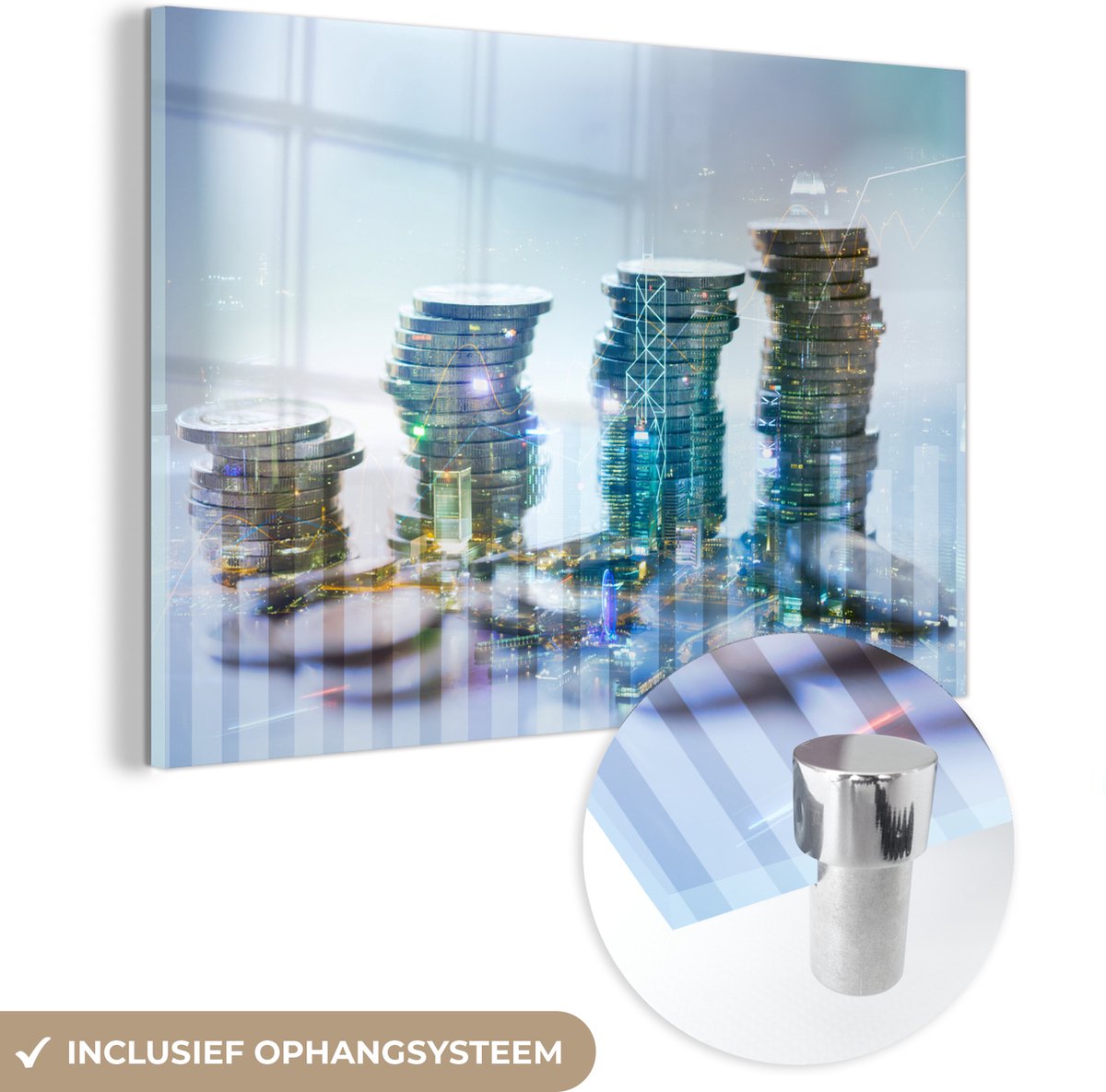 MuchoWow® Glasschilderij - Glimmend geld van de economie - 150x100 cm - Acrylglas Schilderijen - Foto op Glas - MuchoWow