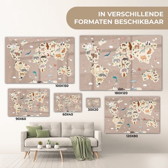 Peinture sur Verre - Carte du Wereldkaart pour Enfants - Terre - Animaux - 120x80 cm - Peintures sur Verre Peintures - Photo sur Glas