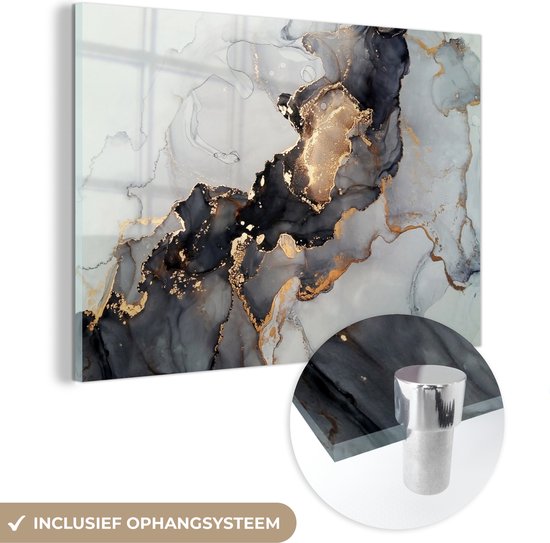 MuchoWow® Glasschilderij 150x100 cm - Schilderij acrylglas - Zwart - Marmer - Luxe - Goud - Foto op glas - Schilderijen