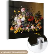 MuchoWow® Glasschilderij 20x20 cm - Schilderij acrylglas - Stilleven met bloemen en fruit - Kunstwerk - Oude meesters - Foto op glas - Schilderijen