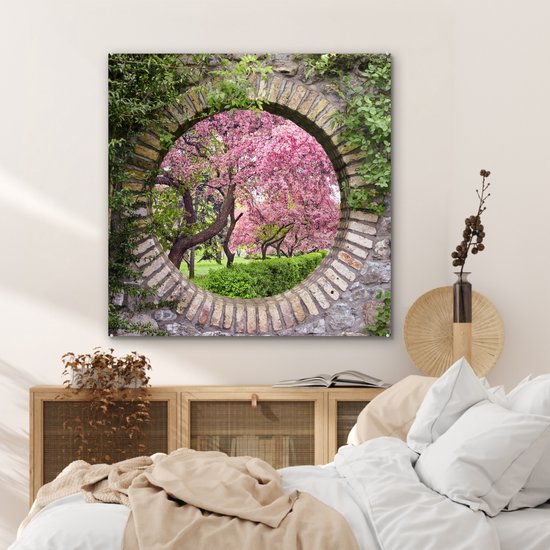 MuchoWow® Peinture sur Verre - Voir à Travers - Sakura - Fleur - Japonais - 90x90 cm - Peintures sur Verre Acrylique - Photo sur Glas