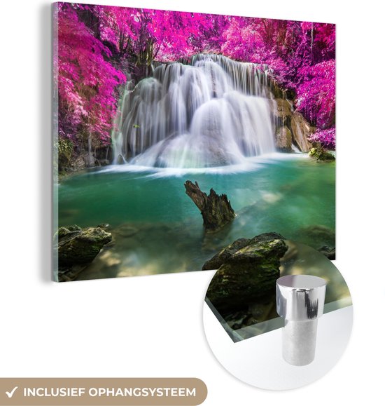 MuchoWow® Glasschilderij 160x120 cm - Schilderij acrylglas - Waterval - Roze - Bomen - Foto op glas - Schilderijen