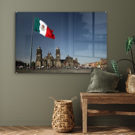Cathédrale de Mexico et le drapeau mexicain Plexiglas 120x80 cm - Tirage photo sur Glas (décoration murale en plexiglas)