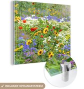 MuchoWow® Glasschilderij 20x20 cm - Schilderij acrylglas - Siergras met verschillende bloemen - Foto op glas - Schilderijen