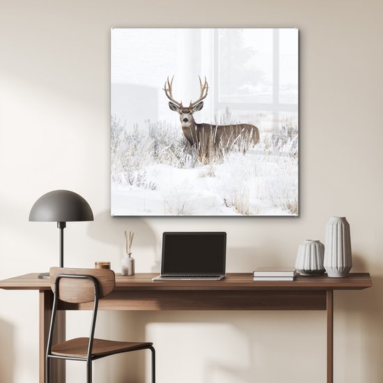 MuchoWow® Peinture sur Verre - Cerf - Hiver - Neige - Animaux - Saisons - Wit - 90x90 cm - Peintures sur Verre Acrylique - Photo sur Glas