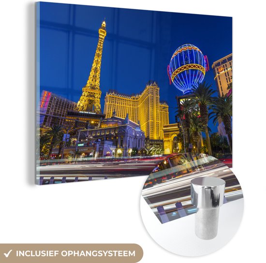 MuchoWow® Glasschilderij 120x80 cm - Schilderij acrylglas - Strip - Las Vegas - Amerika - Foto op glas - Schilderijen