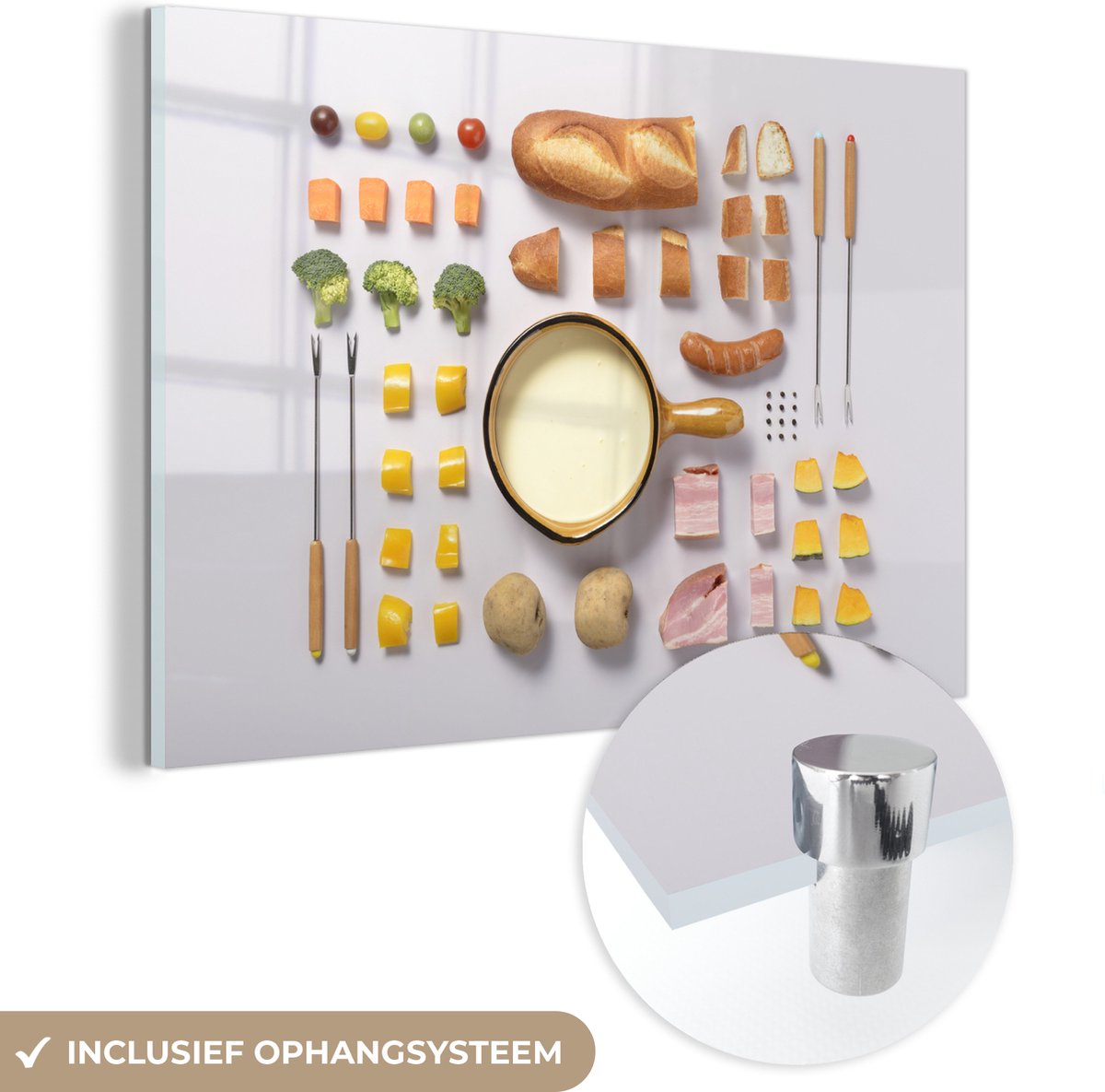 ® Glasschilderij 30x20 cm - Schilderij acrylglas - Kaas fontein items op tafel - Foto op g