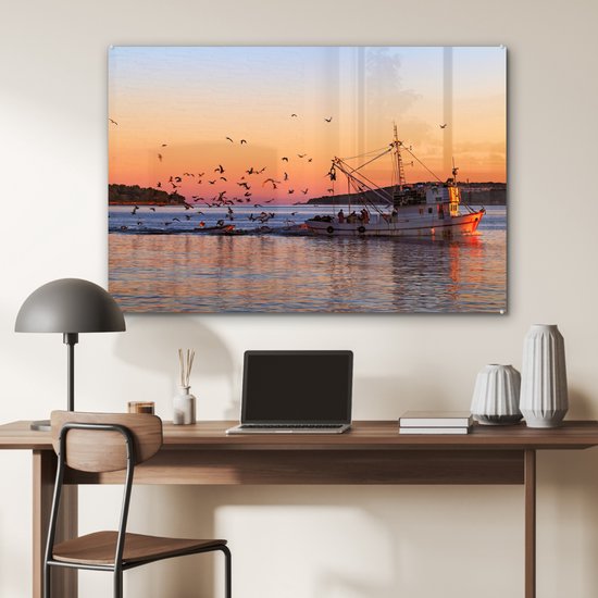 MuchoWow® Peinture sur verre 90x60 cm - Peinture acrylique sur verre - Bateau de pêche au coucher du soleil - Photo sur verre - Peintures