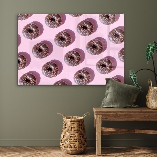 MuchoWow® Peinture sur verre 120x80 cm - Peinture sur verre acrylique - Beignets au chocolat sur fond rose - Photo sur verre - Peintures