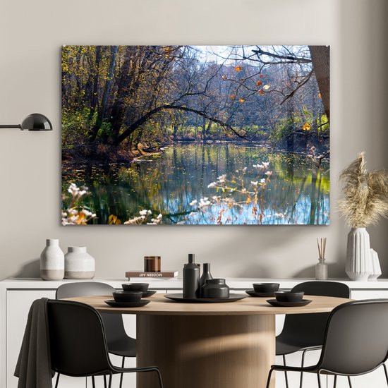 Acrylglas schilderij van een rivier in een herfstbos. Zonnestralen breken door de bomen. Duidelijke reflecties in het water.
