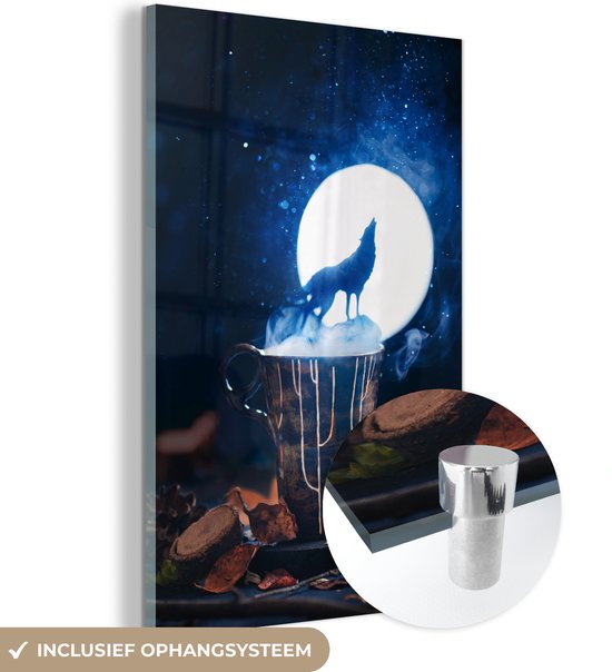 MuchoWow® Glasschilderij 80x120 cm - Schilderij acrylglas - Wolf huilt naar de maan - Foto op glas - Schilderijen
