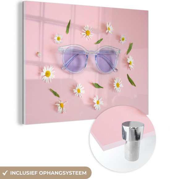 MuchoWow® Peinture sur verre 80x60 cm - Peinture sur verre acrylique - Lunettes de soleil avec marguerites - Photo sur verre - Peintures