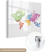 MuchoWow® Glasschilderij 90x90 cm - Schilderij acrylglas - Wereldkaart - Waterverf - Kleuren - Foto op glas - Schilderijen