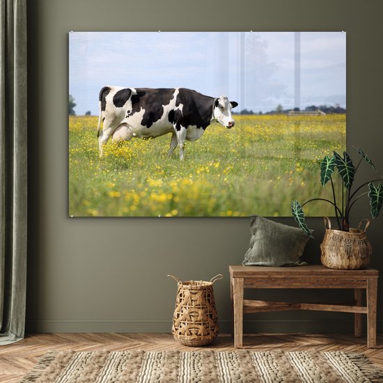 MuchoWow® Peinture sur verre 150x100 cm - Peinture sur verre acrylique - Vache - Herbe - Fleurs - Photo sur verre - Peintures