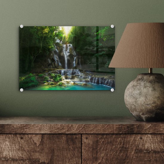 MuchoWow® Peinture sur verre 30x20 cm - Peinture sur verre acrylique - Cascade - Soleil - Arbres - Photo sur verre - Peintures