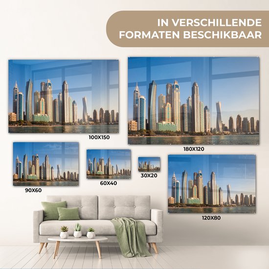MuchoWow® Peinture sur verre - L' Skyline de la marina de Dubaï depuis la mer - 150x100 cm - Peintures sur verre acrylique - Photo sur Glas