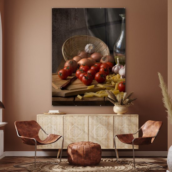 MuchoWow® Tableau sur verre 120x160 cm - Tableau sur verre acrylique - Planche à découper - Légume - Nature morte - Pâtes - Oignon - Tomate - Planche à découper - Photo sur verre - Décoration murale salon - Décoration murale chambre - Peintures