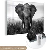 MuchoWow® Glasschilderij 180x120 cm - Schilderij acrylglas - Dreigende olifant - zwart wit - Foto op glas - Schilderijen