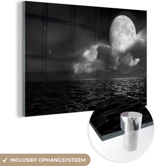 MuchoWow® Glasschilderij 150x100 cm - Schilderij acrylglas - Maan - Zee - Zwart - Wit - Foto op glas - Schilderijen