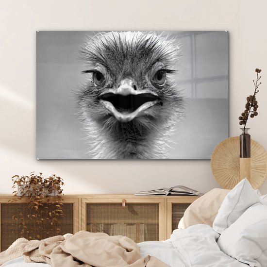 MuchoWow® Peinture sur verre 120x80 cm - Peinture sur verre acrylique - Autruche en gros plan - noir et blanc - Photo sur verre - Peintures