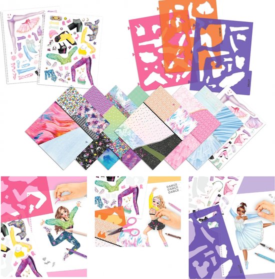 Collectie van TOPModel Dance: stickervellen met kleding en accessoires, papieren patronen en sjablonen voor ballet, fitness en street style.