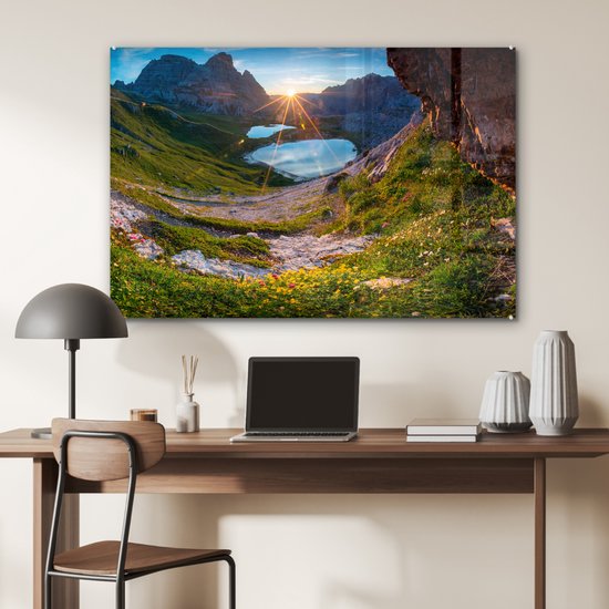 MuchoWow® Peinture sur verre 90x60 cm - Peinture sur verre acrylique - Alpes - Lac - Soleil - Photo sur verre - Peintures