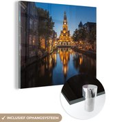 MuchoWow® Glasschilderij 90x90 cm - Schilderij acrylglas - Alkmaar - Waag - Gracht - Foto op glas - Schilderijen