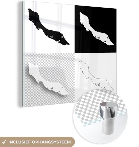 MuchoWow® Glasschilderij 20x20 cm - Schilderij acrylglas - Vier zwart wit illustraties van Curaçao - Foto op glas - Schilderijen