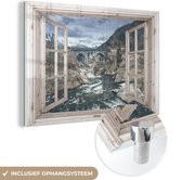 MuchoWow® Glasschilderij 150x100 cm - Schilderij acrylglas - Doorkijk - Brug - Water - Foto op glas - Schilderijen