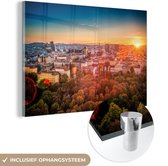 MuchoWow® Glasschilderij 90x60 cm - Schilderij acrylglas - Wenen - Oostenrijk - Zonsondergang - Foto op glas - Schilderijen