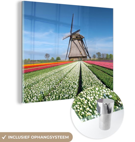 MuchoWow® Glasschilderij 20x20 cm - Schilderij acrylglas - Nederland - Bloemen - Windmolen - Foto op glas - Schilderijen