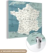 MuchoWow® Glasschilderij 50x50 cm - Schilderij acrylglas - Blauwe kaart van Frankrijk - Foto op glas - Schilderijen