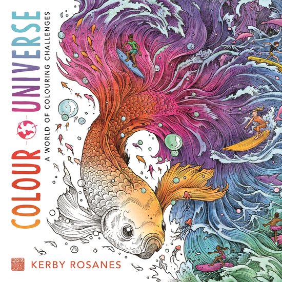 Boekomslag met een grote, kleurrijke vechtvis, omringd door golven, watermensen en de tekst 'COLOUR UNIVERSE A WORLD OF COLOURING CHALLENGES'.
