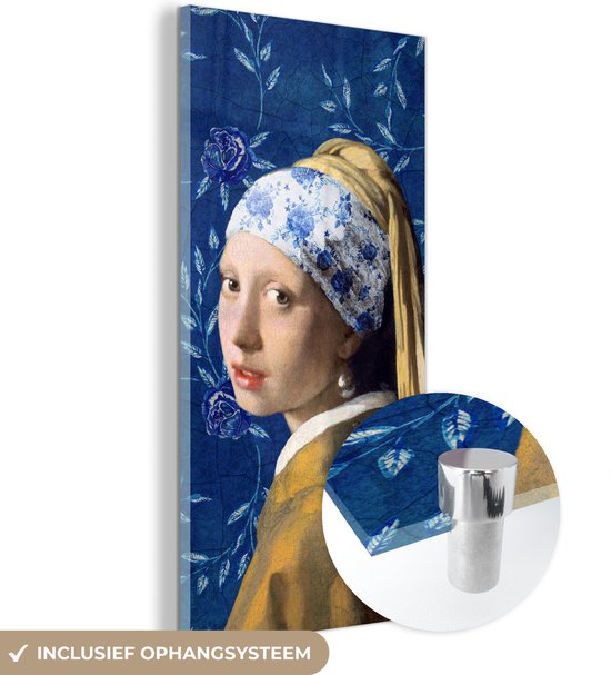MuchoWow® Glasschilderij 60x120 cm - Schilderij acrylglas - Meisje met de parel - Delfts blauw - Vermeer - Bloemen - Schilderij - Oude meesters - Foto op glas - Schilderijen