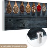 MuchoWow® Glasschilderij 40x20 cm - Schilderij acrylglas - Kruiden - Lepels - Hout - Keuken - Specerijen - Industrieel - Foto op glas - Schilderijen
