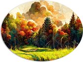 PVC Schuimplaat Ovaal - Schilderij van Bospad tussen Herfstkleurige Bomen - 108x81 cm Foto op Ovaal (Met Ophangsysteem)