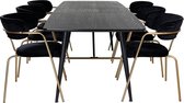 Gold eethoek eetkamertafel uitschuifbare tafel lengte cm 180 / 220 zwart en 6 Arrow eetkamerstal velours zwart.