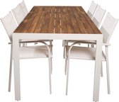Salon de jardin en bois ensemble table 90x205cm et 6 chaises Santorini blanc, naturel.
