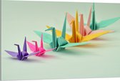 Dibond - Rij van Verschillende Grotes en Kleuren Origami Vogels op Lichtblauwe Achtergrond - 120x80 cm Foto op Aluminium (Met Ophangsysteem)