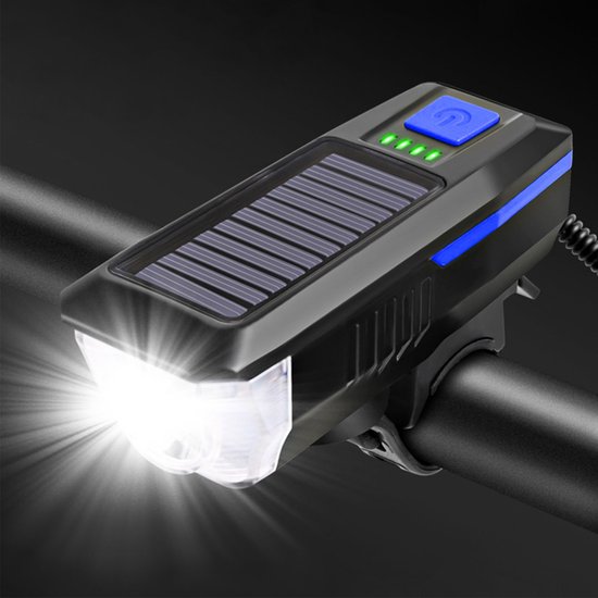 FlinQ Solar Fietsverlichting - Oplaadbare USB Led Fietslamp - Inclusief bel - Waterdicht - 3 Lichtstanden - Zwart/Blauw — afbeelding 3