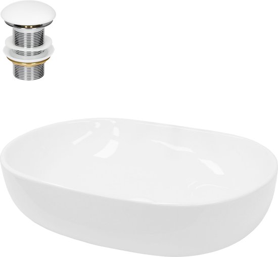 Vasque ovale blanche avec drain blanc séparé et filetage chromé.
