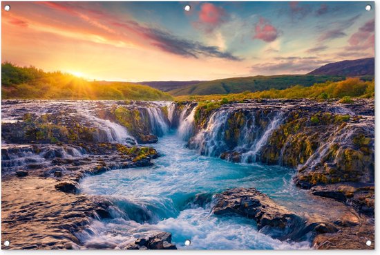 Tuinposter waterval - Planten - Mos - Natuur - Zonsondergang - Rotsen - Tuindoek - Tuindecoratie - Tuin - Schutting decoratie - Tuinschilderij voor buiten - 120x80 cm - Schuttingdoek - Buitenposter