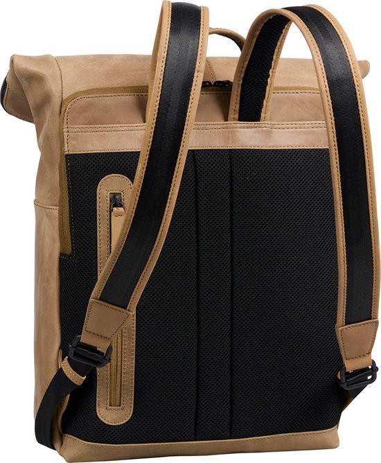 Bloomsbury Leren Rolltop 14 inch Laptop Rugtas - Unisex Rugzak - Dames en Heren - Echt Leer - Zandbruin - Bloomsbury