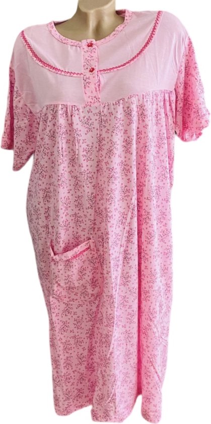 Dames Katoenen Nachthemd Korte Mouw 2404 Bloemenprint L roze