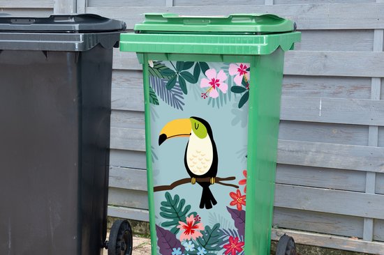 Groene kliko met tropische print: een toekan op een tak, omringd door bladeren en roze, rode en paarse bloemen.